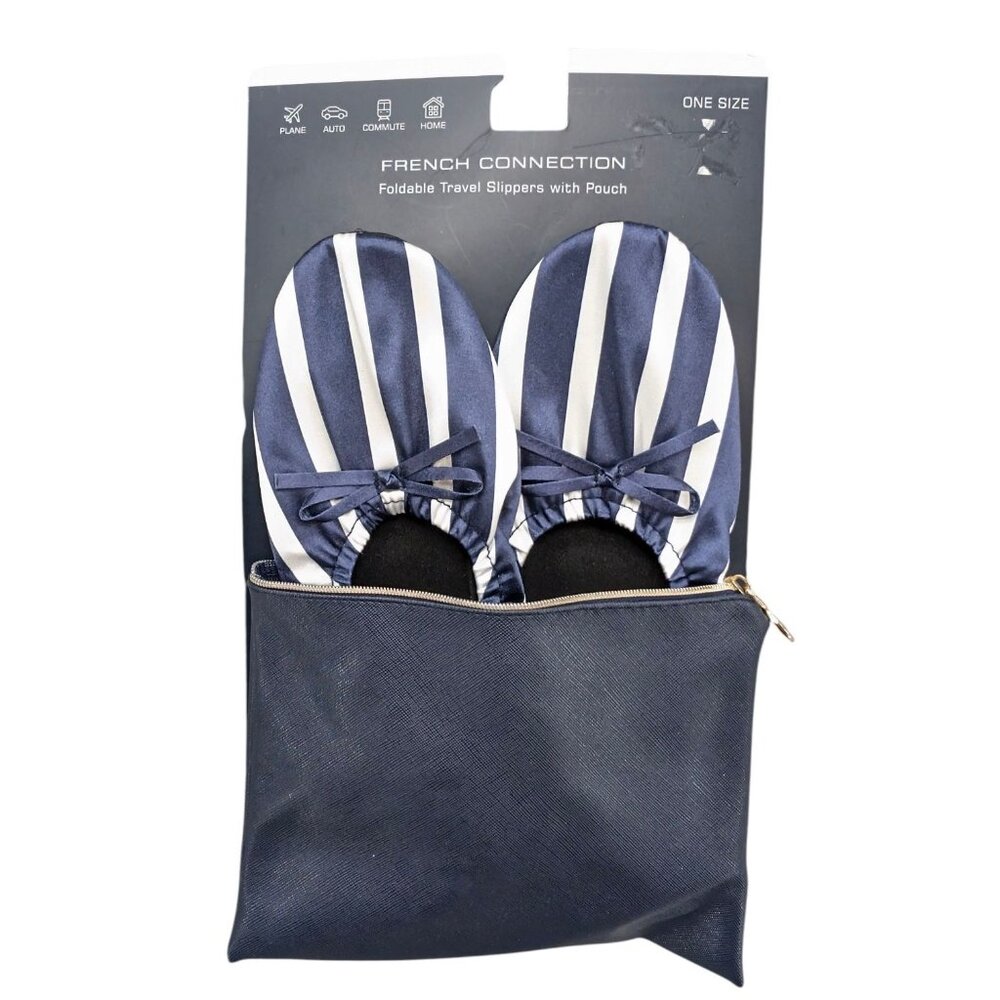 French Connection Foldable Travel Slippers w/ Pouch Womens Navy Blue Stripe Sz 6
